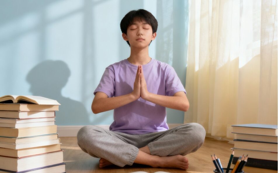 Junge meditiert bei Hausaufgaben